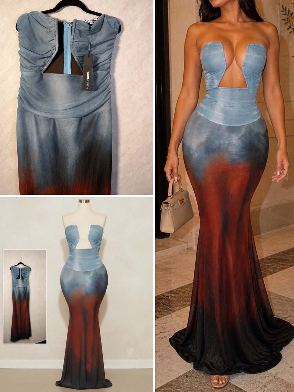 Soft Blue Rust Ombre Mermaid Maxi Dress | Strapless Plunge Evening Gown L
